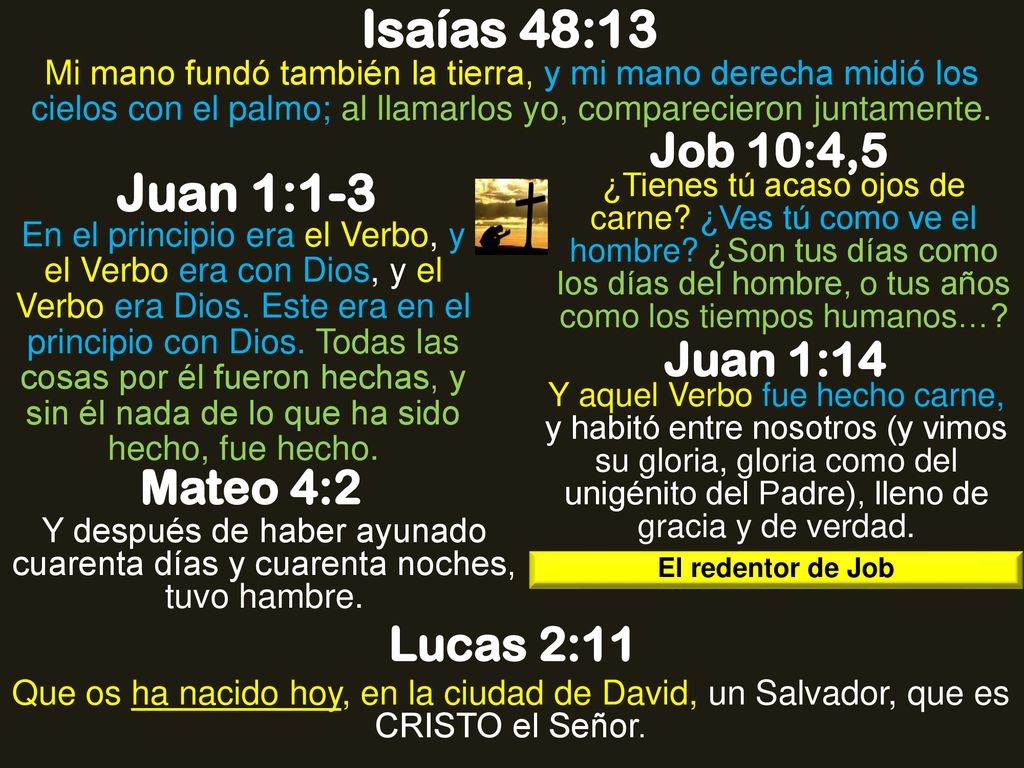 Isaías 48:13 Juan 1:1-3 Job 10:4,5 Juan 1:14 Mateo 4:2 Lucas 2:11