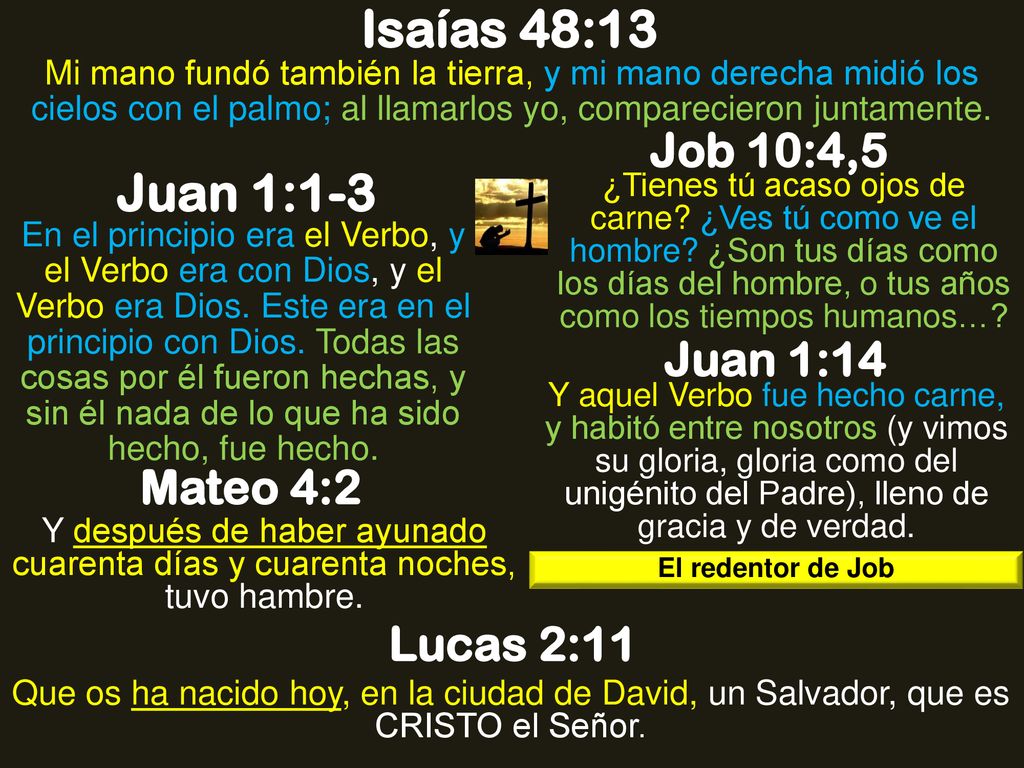 Isaías 48:13 Juan 1:1-3 Job 10:4,5 Juan 1:14 Mateo 4:2 Lucas 2:11