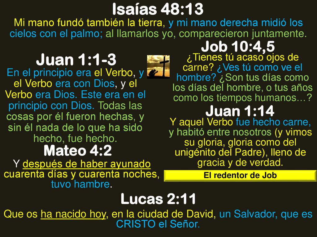 Isaías 48:13 Juan 1:1-3 Job 10:4,5 Juan 1:14 Mateo 4:2 Lucas 2:11