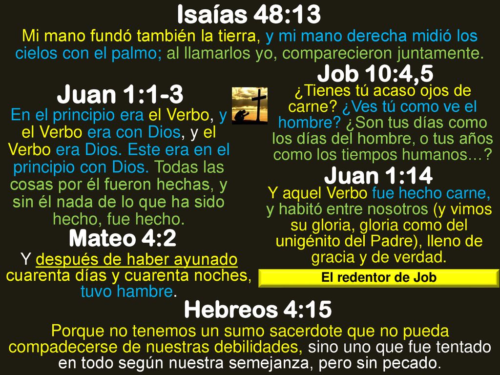 Isaías 48:13 Juan 1:1-3 Job 10:4,5 Juan 1:14 Mateo 4:2 Hebreos 4:15