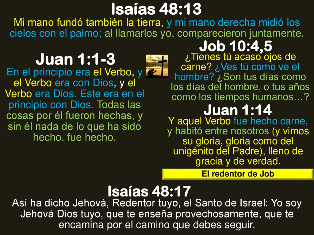 Isaías 48:13 Juan 1:1-3 Job 10:4,5 Juan 1:14 Isaías 48:17