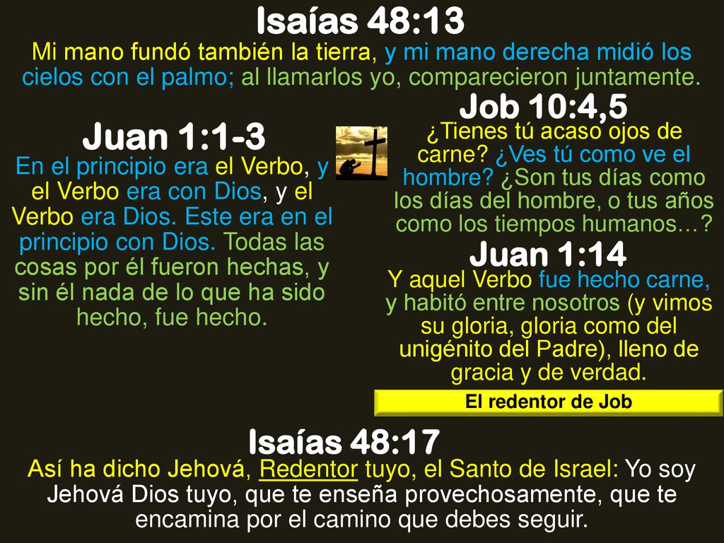 Isaías 48:13 Juan 1:1-3 Job 10:4,5 Juan 1:14 Isaías 48:17
