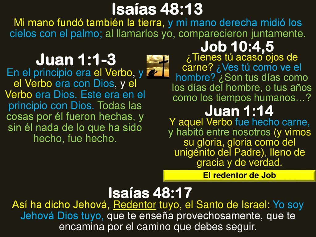 Isaías 48:13 Juan 1:1-3 Job 10:4,5 Juan 1:14 Isaías 48:17