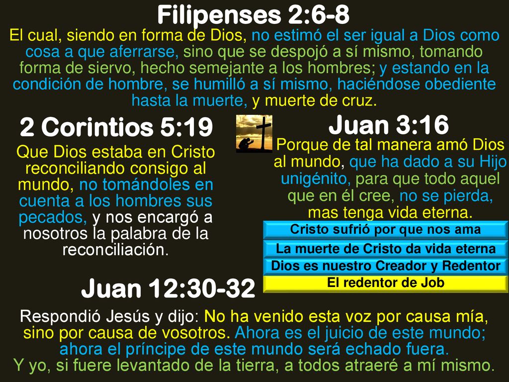 Filipenses 2:6-8 2 Corintios 5:19 Juan 3:16 Juan 12:30-32