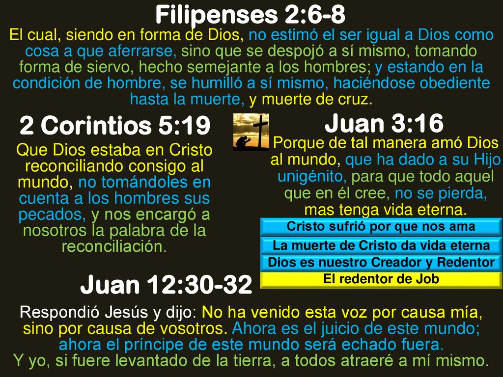 Filipenses 2:6-8 2 Corintios 5:19 Juan 3:16 Juan 12:30-32