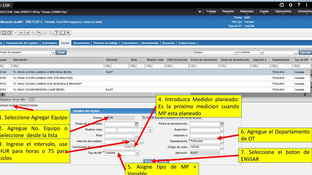 4. Introduzca Medidor planeado: Es la proxima medicion cuando MP esta planeado