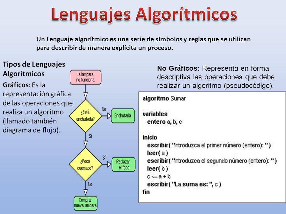 Un Lenguaje algorítmico es una serie de símbolos y reglas que se utilizan para describir de manera explícita un proceso.