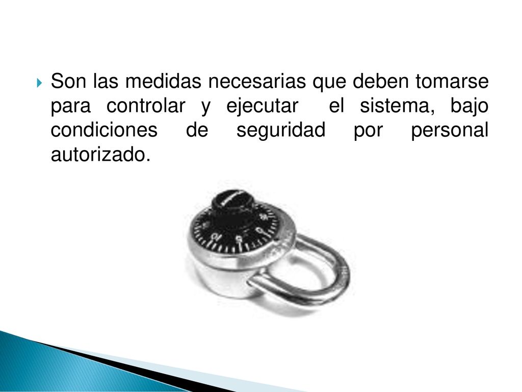 Son las medidas necesarias que deben tomarse para controlar y ejecutar el sistema, bajo condiciones de seguridad por personal autorizado.