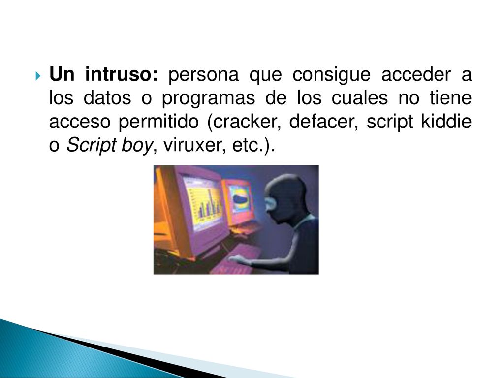 Un intruso: persona que consigue acceder a los datos o programas de los cuales no tiene acceso permitido (cracker, defacer, script kiddie o Script boy, viruxer, etc.).