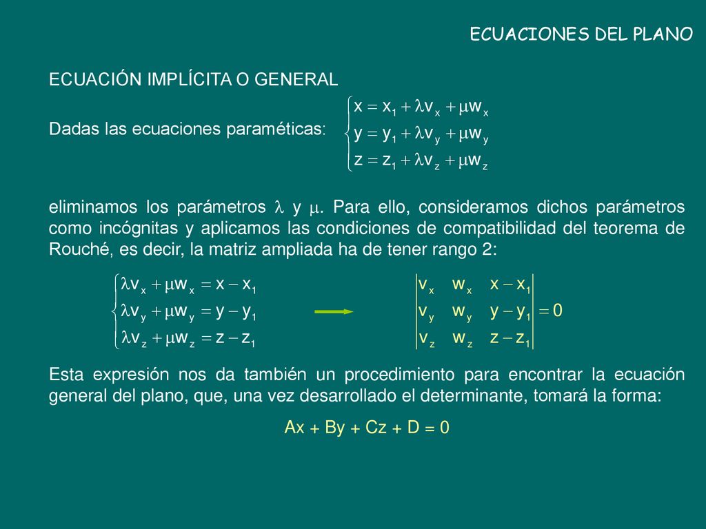 ECUACIONES DEL PLANO ECUACIÓN IMPLÍCITA O GENERAL. Dadas las ecuaciones paraméticas: