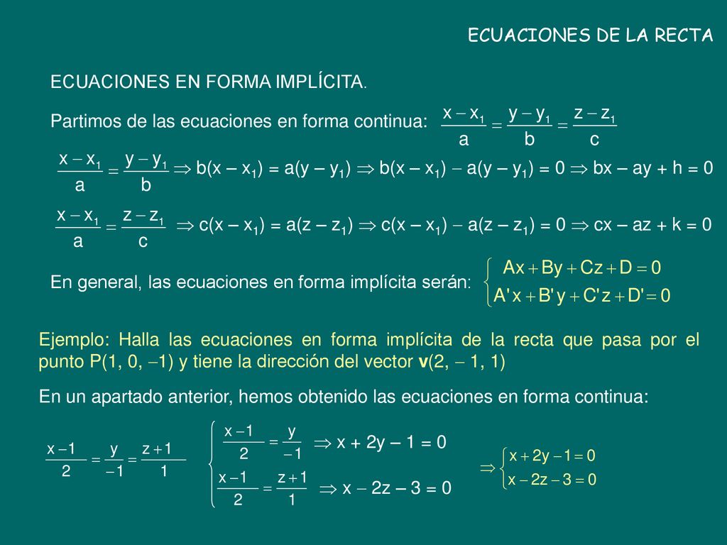 ECUACIONES DE LA RECTA ECUACIONES EN FORMA IMPLÍCITA. Partimos de las ecuaciones en forma continua:
