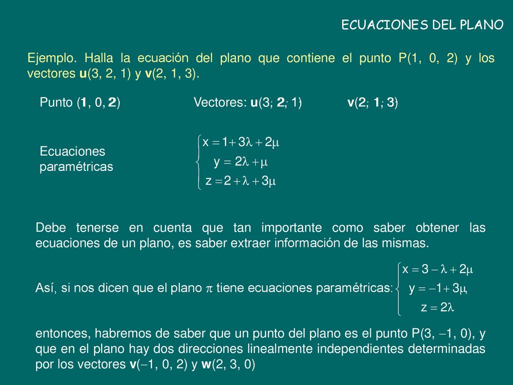 ECUACIONES DEL PLANO Ejemplo. Halla la ecuación del plano que contiene el punto P(1, 0, 2) y los vectores u(3, 2, 1) y v(2, 1, 3).