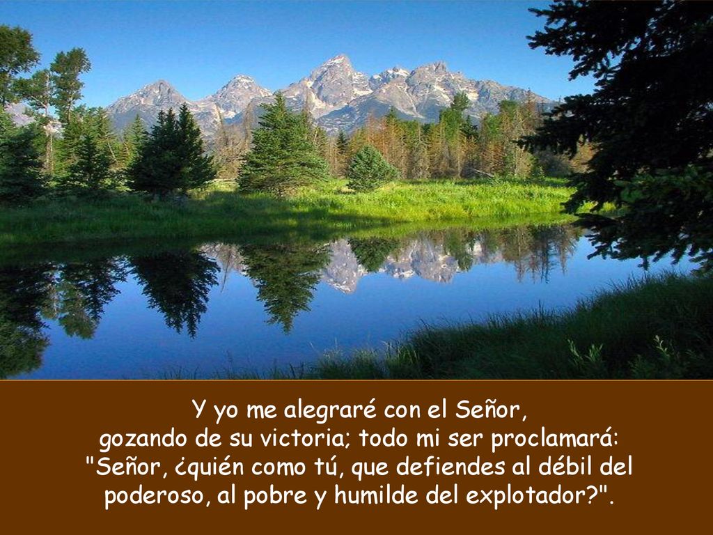 Y yo me alegraré con el Señor, gozando de su victoria; todo mi ser proclamará: Señor, ¿quién como tú, que defiendes al débil del poderoso, al pobre y humilde del explotador .