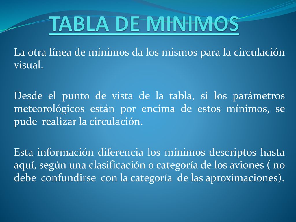 TABLA DE MINIMOS La otra línea de mínimos da los mismos para la circulación visual.