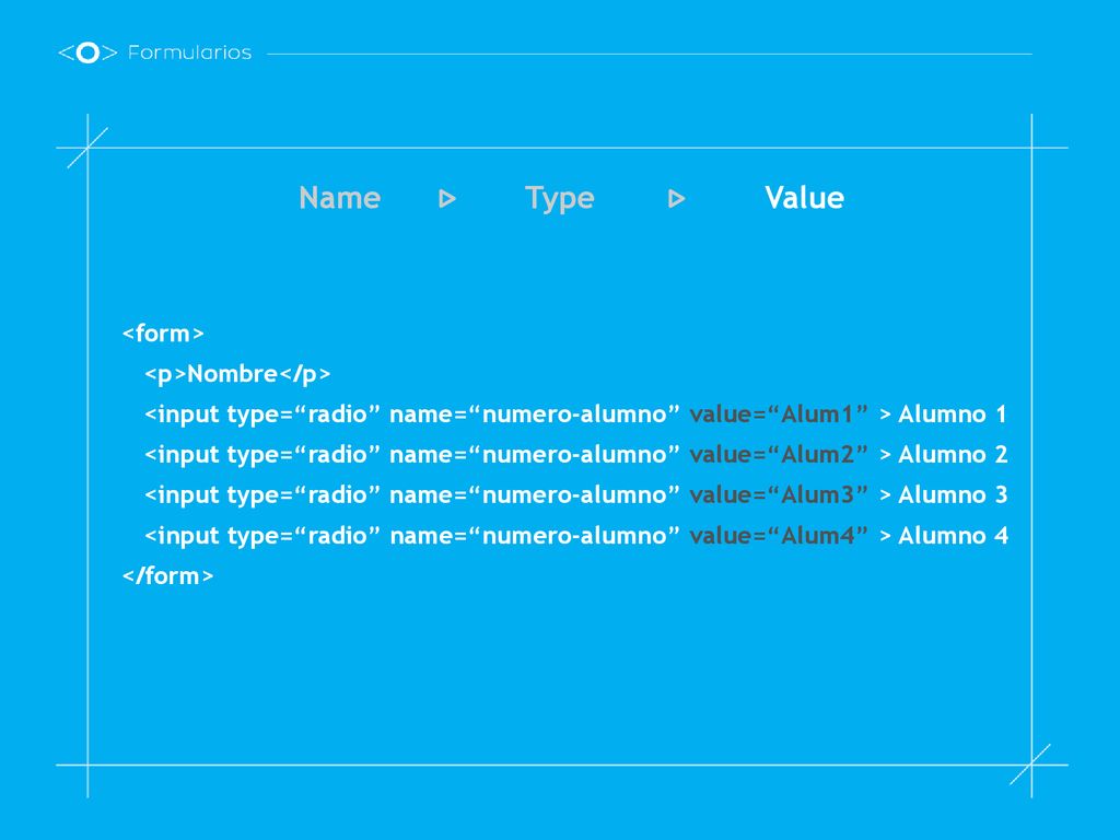 Name Type Value <form> <p>Nombre</p>