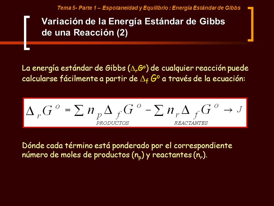 Variación de la Energía Estándar de Gibbs de una Reacción (2)