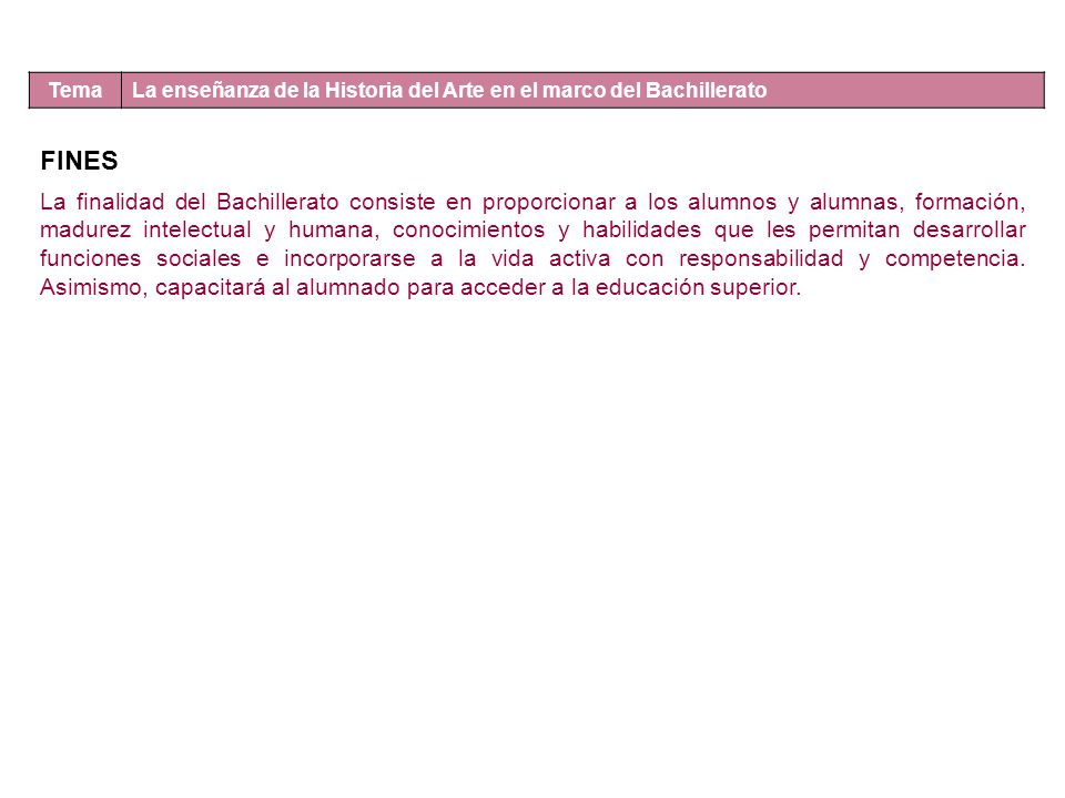 Tema La enseñanza de la Historia del Arte en el marco del Bachillerato. FINES.