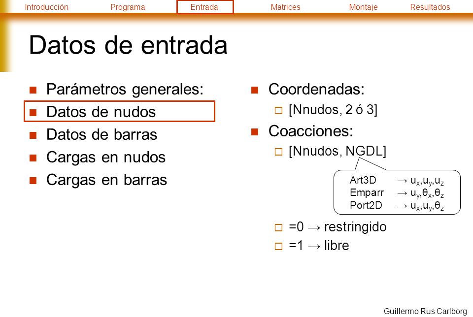 Datos de entrada Parámetros generales: Datos de nudos Datos de barras