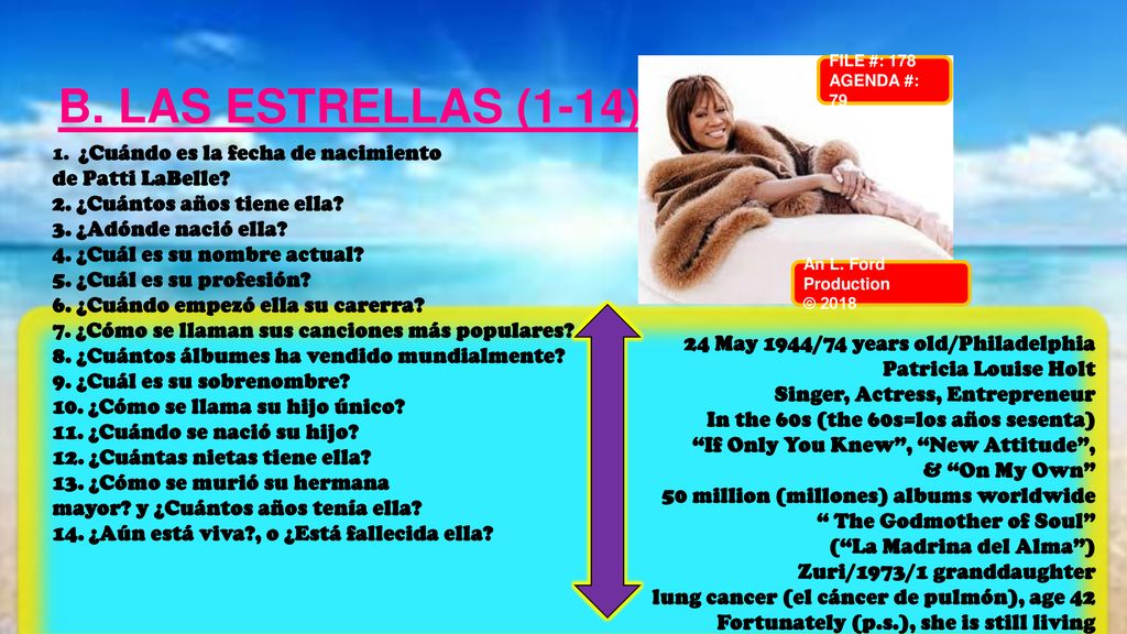 B. LAS ESTRELLAS (1-14) de Patti LaBelle 2. ¿Cuántos años tiene ella