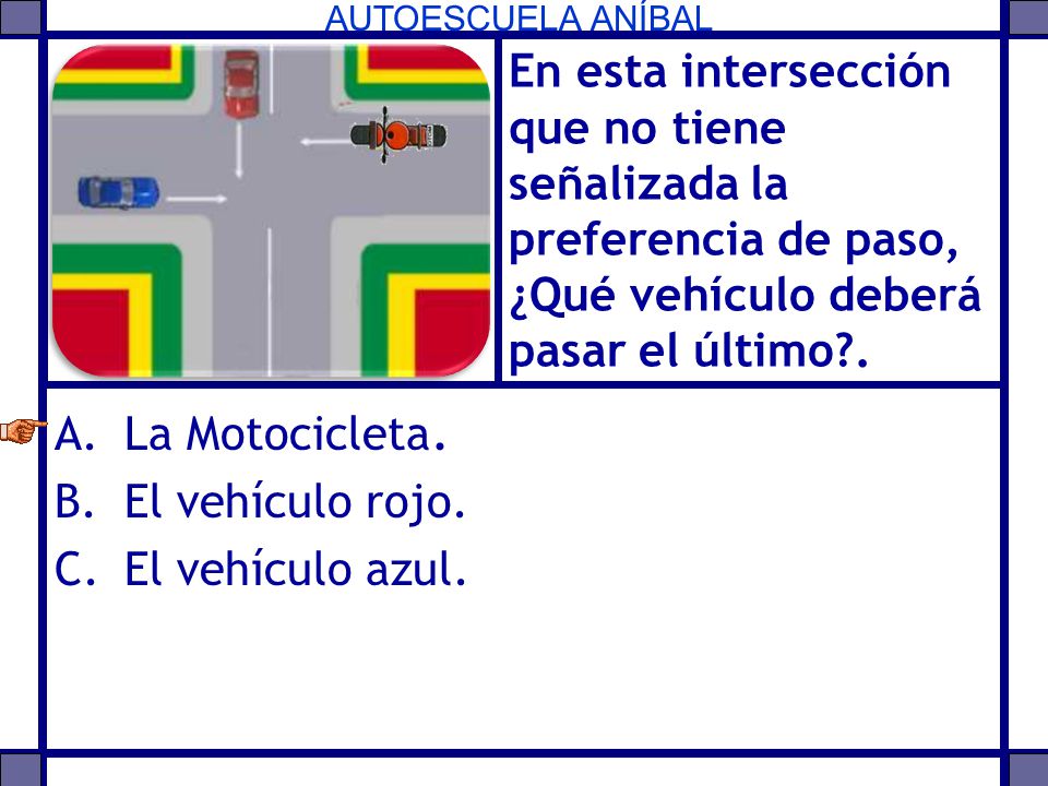 En esta intersección que no tiene señalizada la preferencia de paso, ¿Qué vehículo deberá pasar el último .
