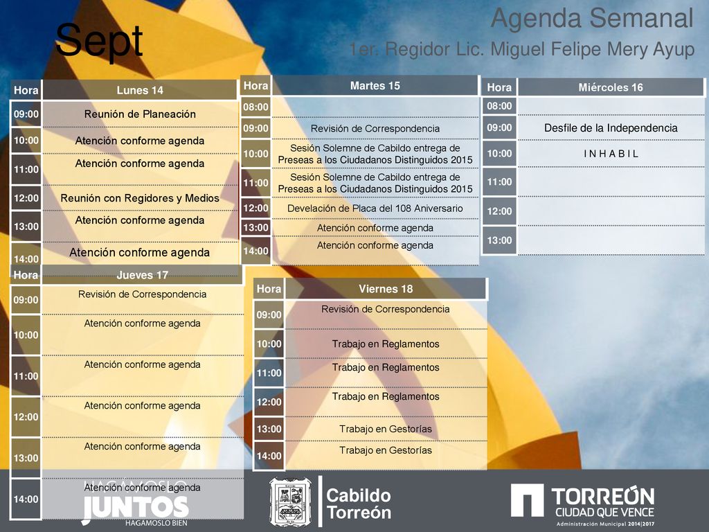 Sept Agenda Semanal 1er. Regidor Lic. Miguel Felipe Mery Ayup Cabildo