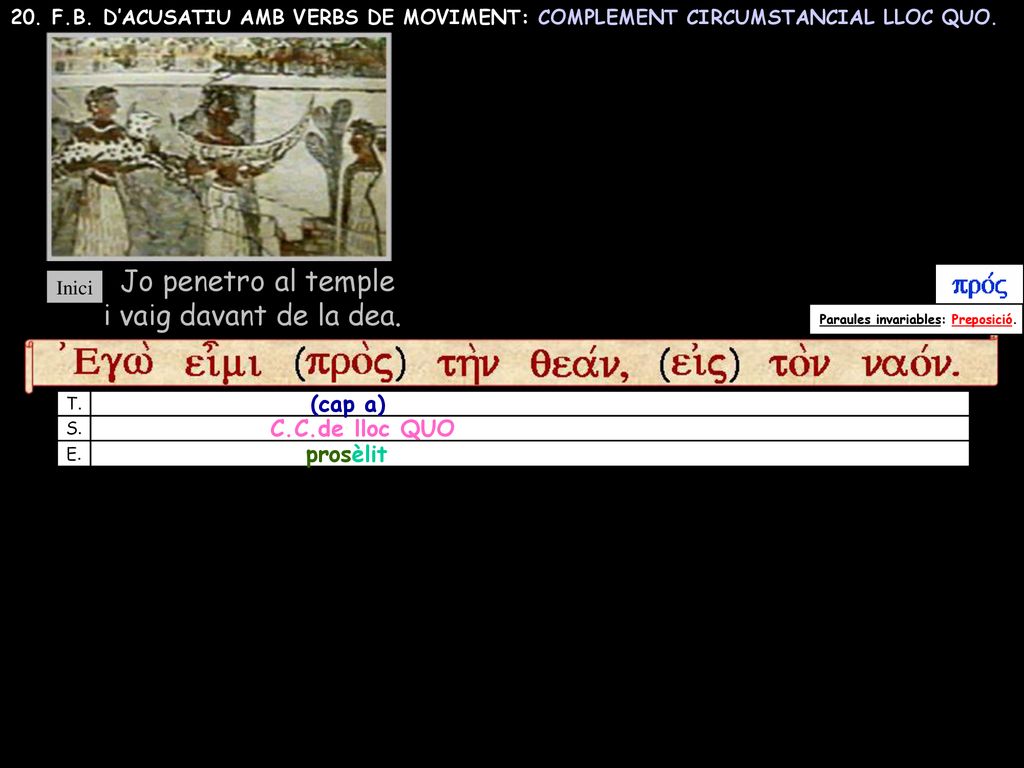 Jo penetro al temple i vaig davant de la dea. (cap a) C.C.de lloc QUO