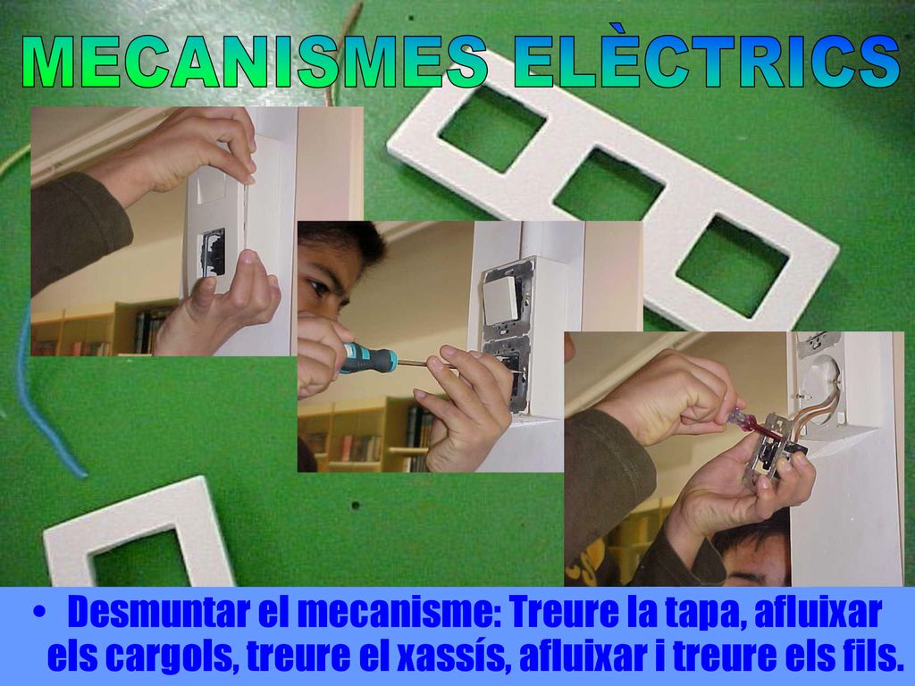 2 Desmuntar el mecanisme: Treure la tapa, afluixar els cargols, treure el xassís, afluixar i treure els fils.