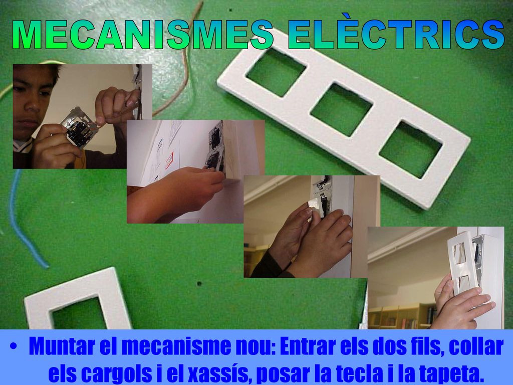Muntar el mecanisme nou: Entrar els dos fils, collar els cargols i el xassís, posar la tecla i la tapeta.