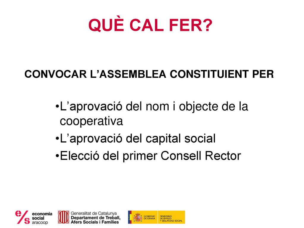 QUÈ CAL FER L’aprovació del nom i objecte de la cooperativa