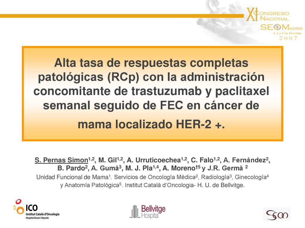 Alta tasa de respuestas completas patológicas (RCp) con la administración concomitante de trastuzumab y paclitaxel semanal seguido de FEC en cáncer de mama localizado HER-2 +.
