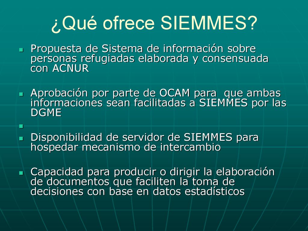 ¿Qué ofrece SIEMMES Propuesta de Sistema de información sobre personas refugiadas elaborada y consensuada con ACNUR.
