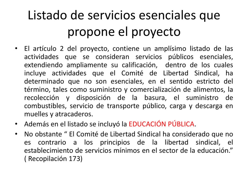 Listado de servicios esenciales que propone el proyecto