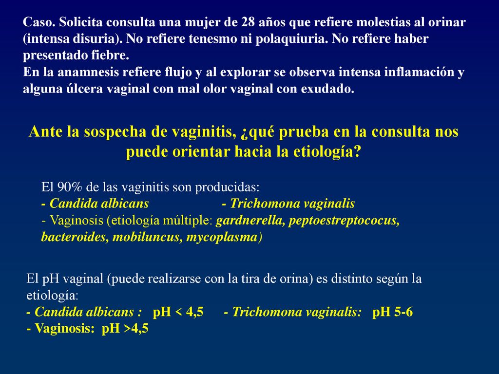 Caso. Solicita consulta una mujer de 28 años que refiere molestias al orinar (intensa disuria). No refiere tenesmo ni polaquiuria. No refiere haber presentado fiebre.