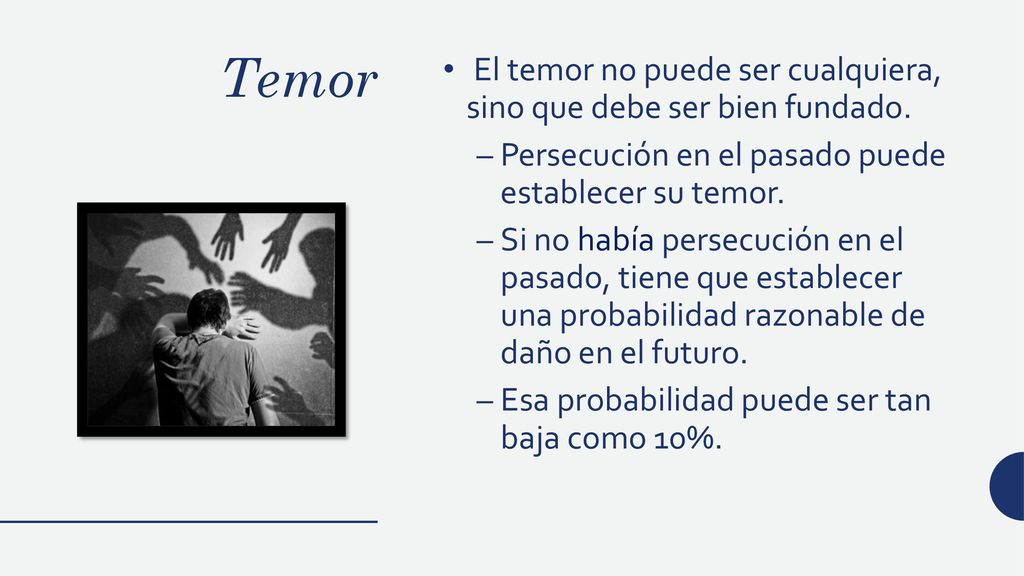 Temor El temor no puede ser cualquiera, sino que debe ser bien fundado. Persecución en el pasado puede establecer su temor.