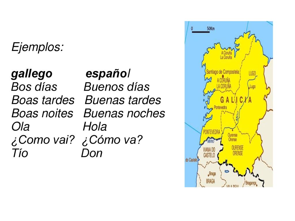 Ejemplos: gallego español Bos días Buenos días Boas tardes Buenas tardes Boas noites Buenas noches Ola Hola ¿Como vai.