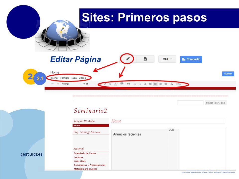 Sites: Primeros pasos Editar Página csirc.ugr.es