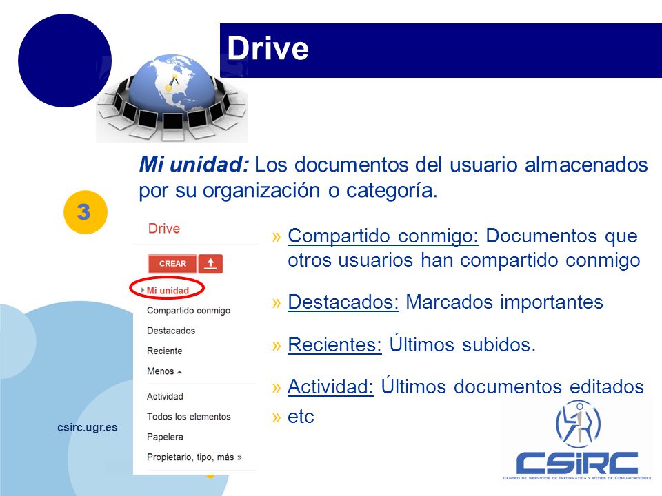 Drive Mi unidad: Los documentos del usuario almacenados por su organización o categoría.