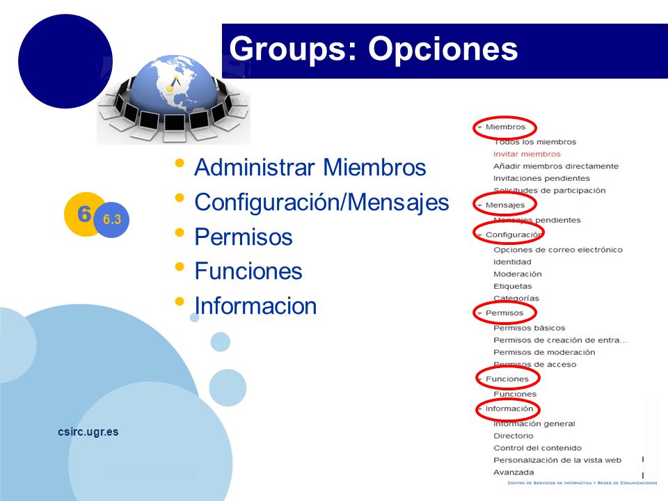 Groups: Opciones Administrar Miembros Configuración/Mensajes Permisos