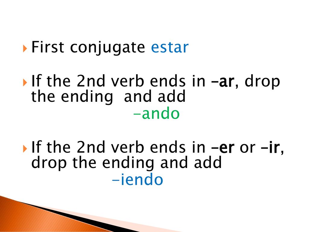 First conjugate estar If the 2nd verb ends in –ar, drop the ending and add. -ando. If the 2nd verb ends in –er or –ir, drop the ending and add.