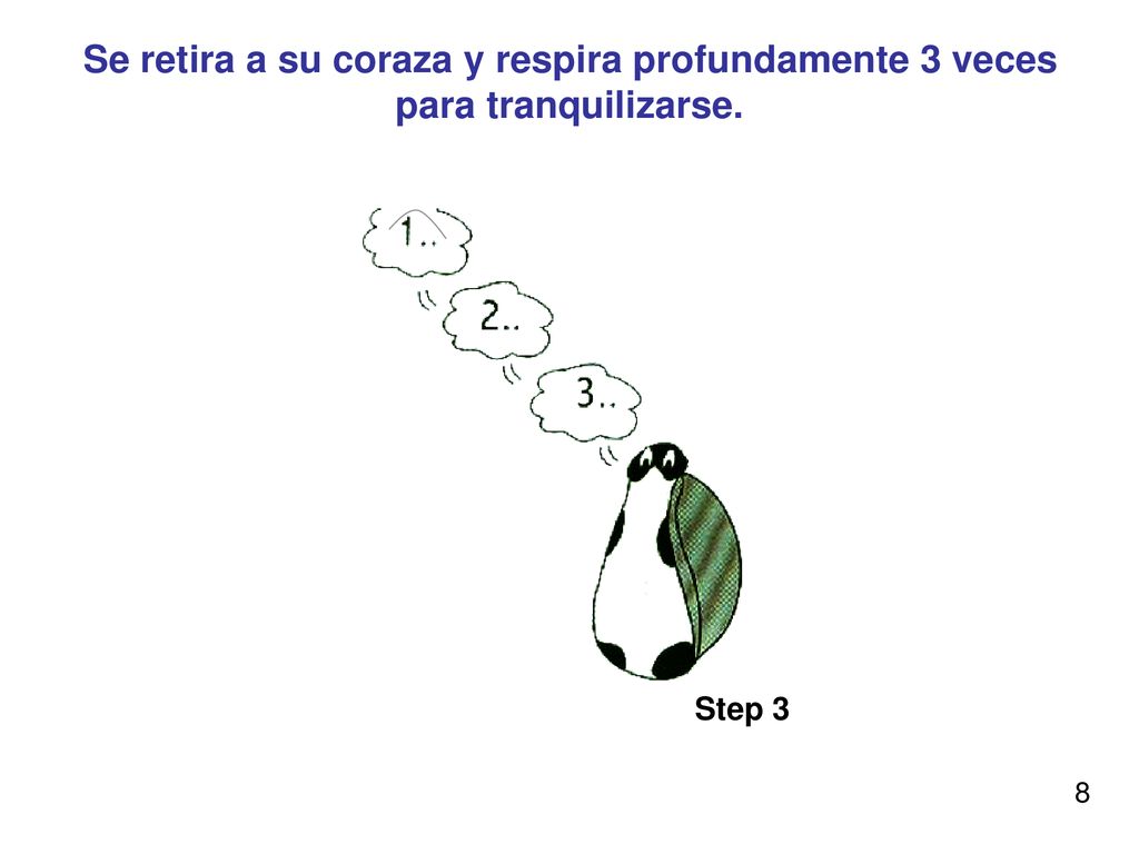 Se retira a su coraza y respira profundamente 3 veces para tranquilizarse.