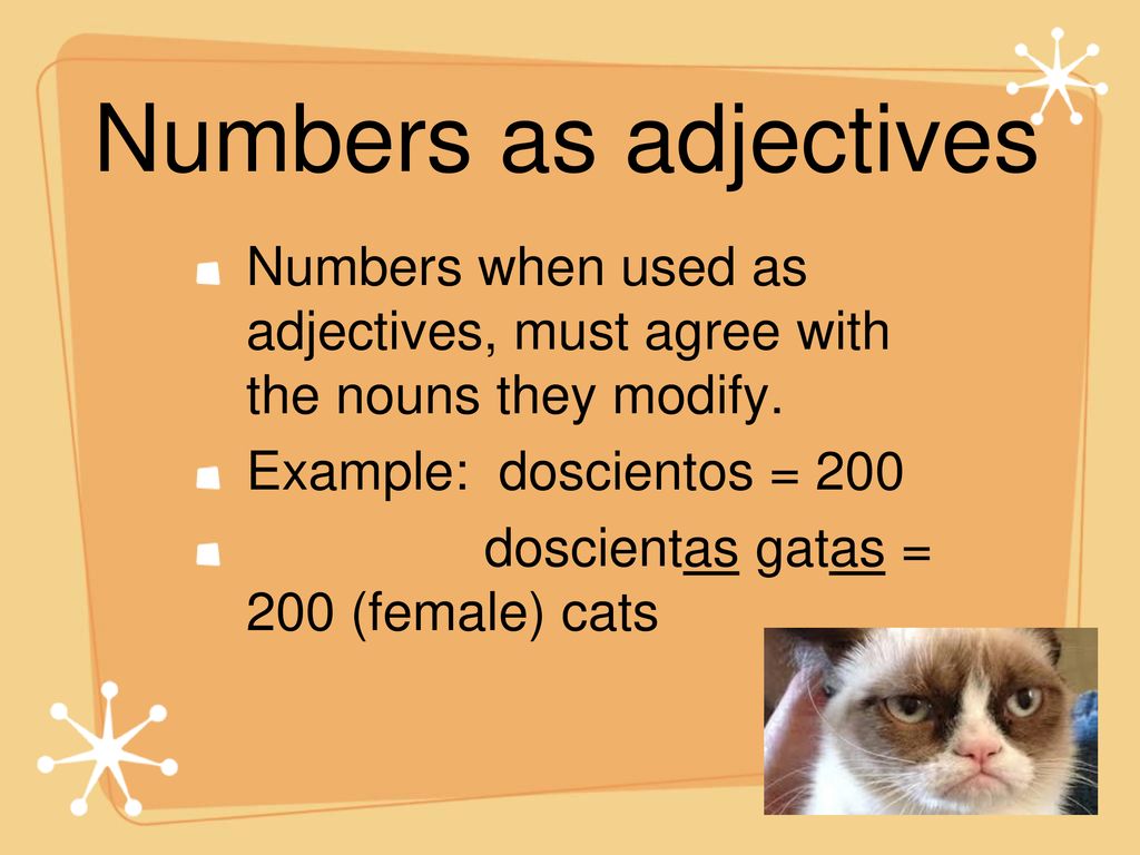 Numbers as adjectives Numbers when used as adjectives, must agree with the nouns they modify. Example: doscientos = 200.