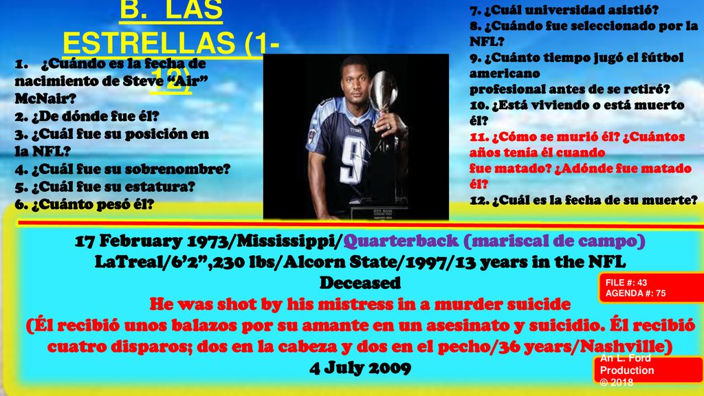 B. LAS ESTRELLAS (1-12) 7. ¿Cuál universidad asistió 8. ¿Cuándo fue seleccionado por la NFL 9. ¿Cuánto tiempo jugó el fútbol americano.