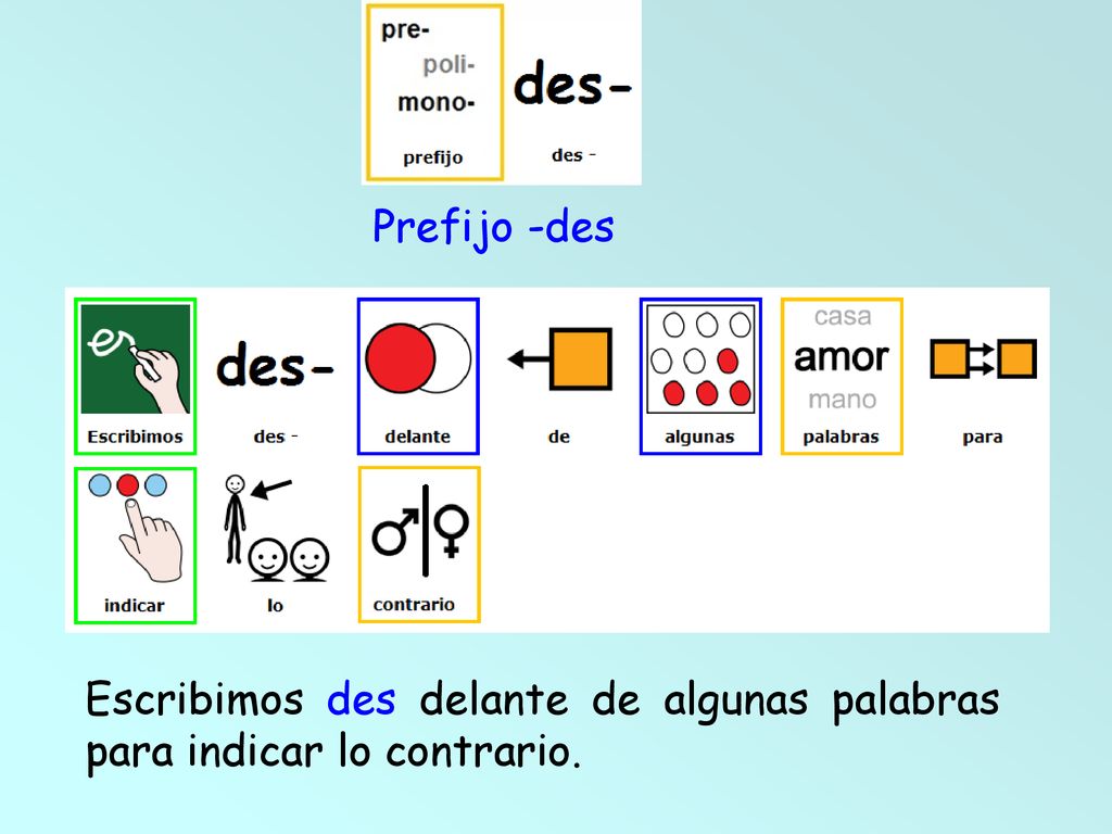 Prefijo -des Escribimos des delante de algunas palabras para indicar lo contrario.