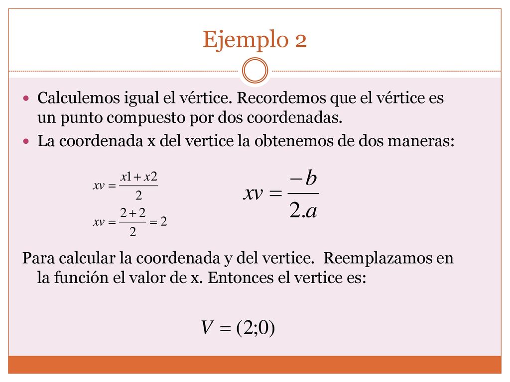 Ejemplo 2 Calculemos igual el vértice. Recordemos que el vértice es un punto compuesto por dos coordenadas.