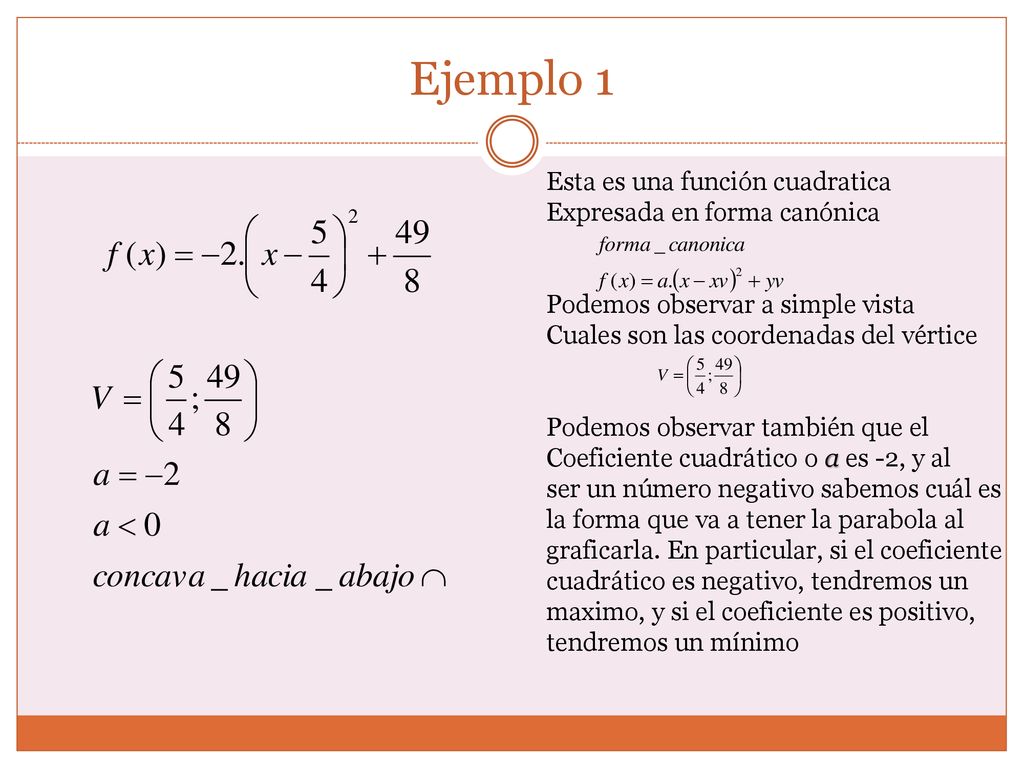Ejemplo 1 Esta es una función cuadratica Expresada en forma canónica