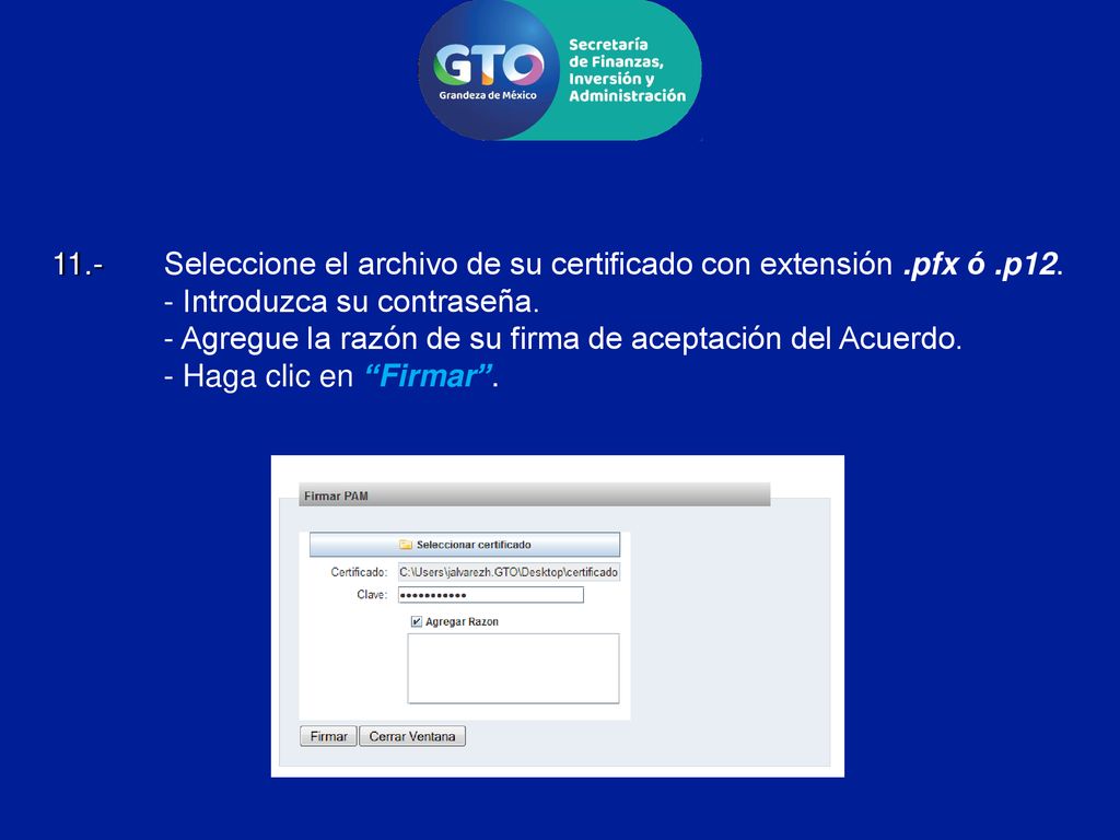 Seleccione el archivo de su certificado con extensión. pfx ó