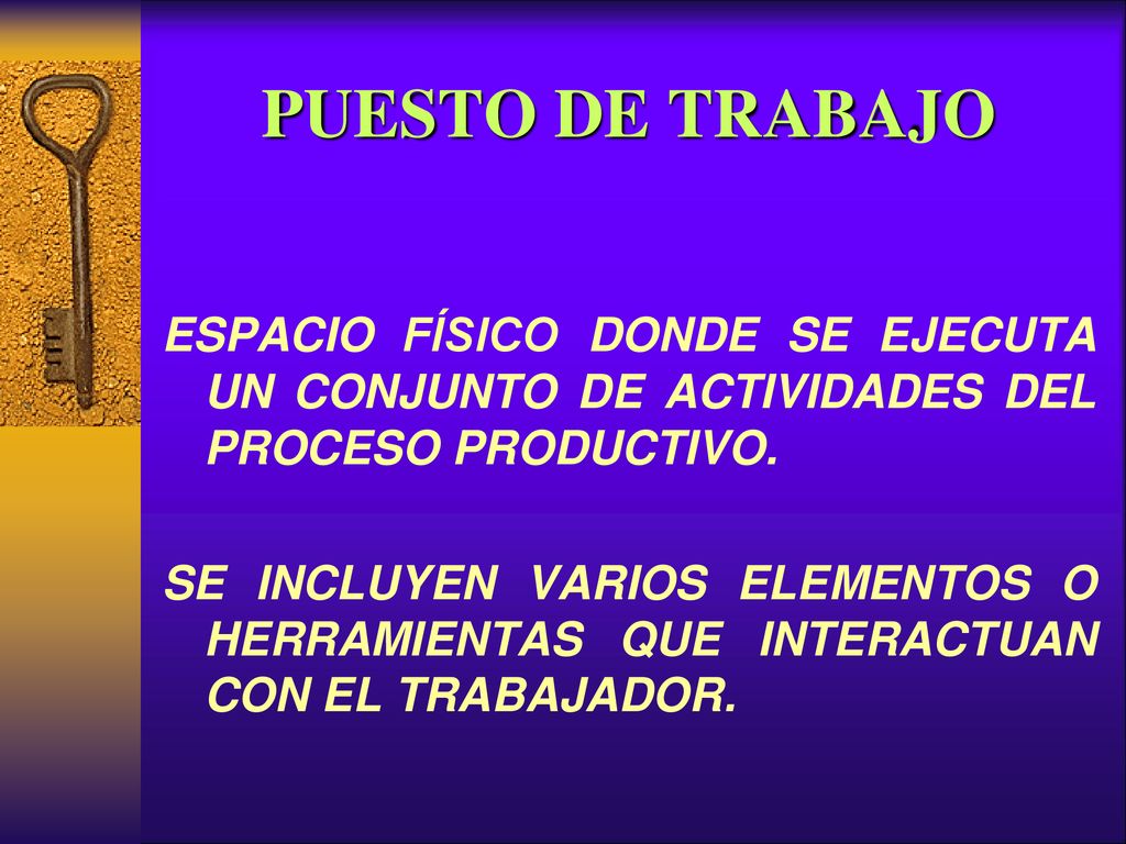 PUESTO DE TRABAJO ESPACIO FÍSICO DONDE SE EJECUTA UN CONJUNTO DE ACTIVIDADES DEL PROCESO PRODUCTIVO.