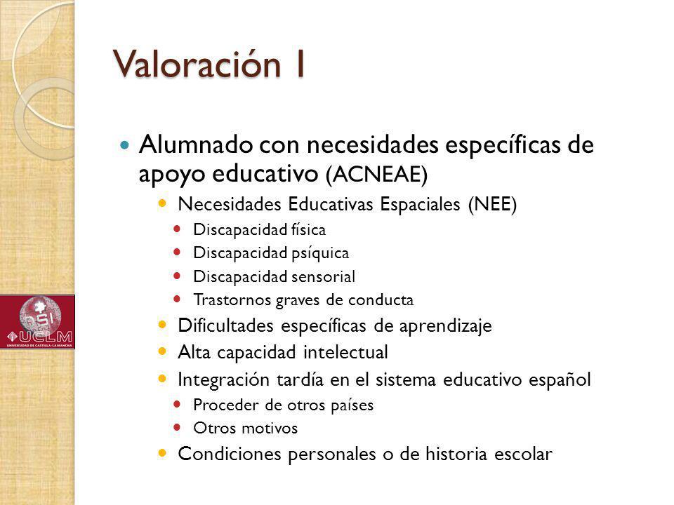 Valoración I Alumnado con necesidades específicas de apoyo educativo (ACNEAE) Necesidades Educativas Espaciales (NEE)