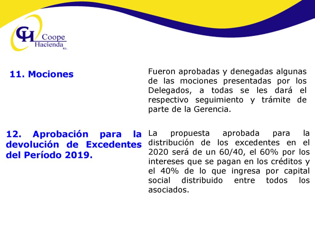 12. Aprobación para la devolución de Excedentes del Período 2019.