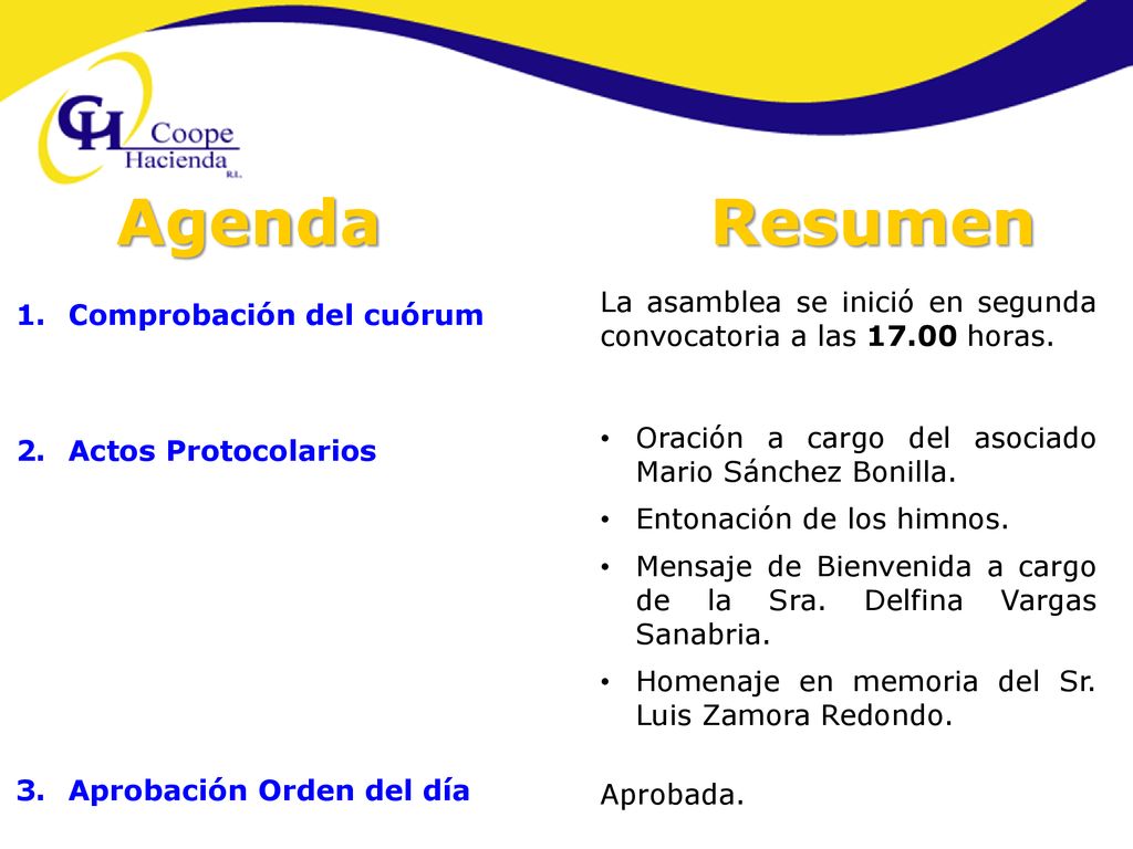 Agenda Resumen La asamblea se inició en segunda convocatoria a las horas. Oración a cargo del asociado Mario Sánchez Bonilla.